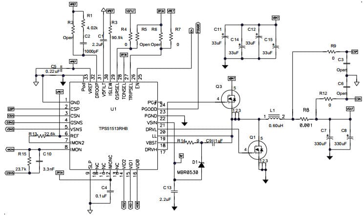 Typical Application Circuit of Resistor Current Sense without Droop for TPS51513 Single Phase, D-Cap+ Synchronous Buck Controller with Integrated Drivers for General IC VCORE Applications