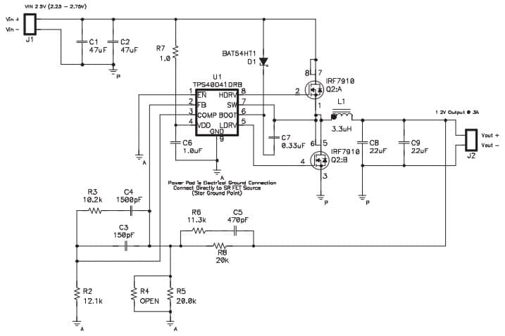 Typical Application Schematic for 2.5V to 1.2V at 3A Converter Using the TPS40041 Synchronous Buck DC/DC Controller with Enable