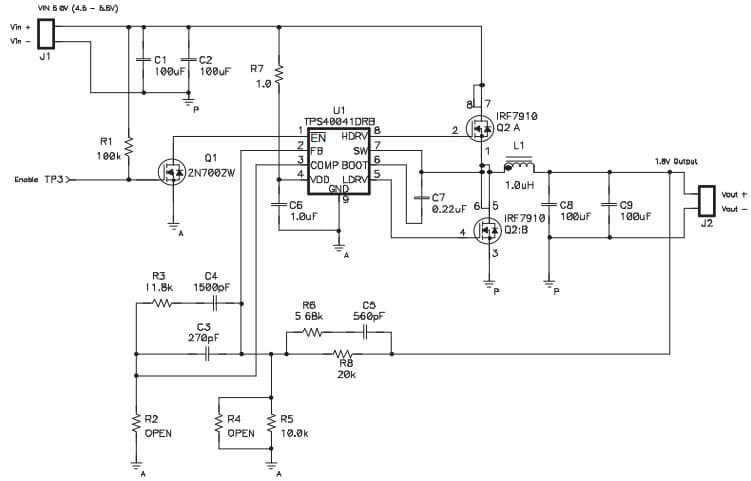 Typical Application Schematic for TPS40041 Synchronous Buck DC/DC Controller with Enable