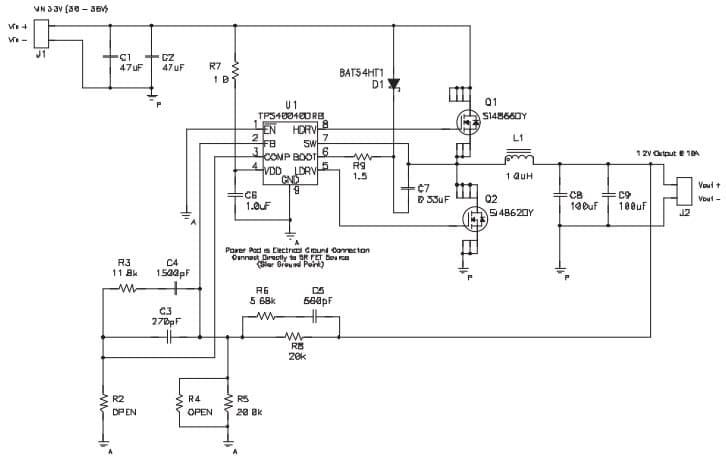 Typical Application Schematic for 3.3V to 1.2V at 10A Converter Using the TPS40040 Synchronous Buck DC/DC Controller with Enable