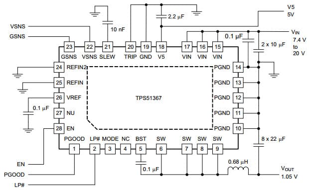 Typical Application Schematic for TPS51367 22V Input, 12A Integrated FET Converter with Ultra-Low Quiescent (ULQ)