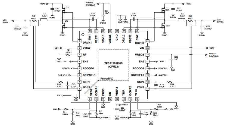 Typical Application Circuit for TPS51220 Current Mode, Ex-Resistor Sensing at 5V/5A, 3.3V/5A, 370-kHz