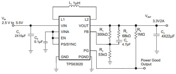 Typical Application Circuit 2A Load Current for TPS63020 High Efficiency Single Inductor Buck-Boost Converter with 4A Switches