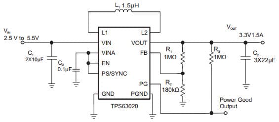 Typical Application Circuit 1.5A Load Current for TPS63020 High Efficiency Single Inductor Buck-Boost Converter with 4A Switches