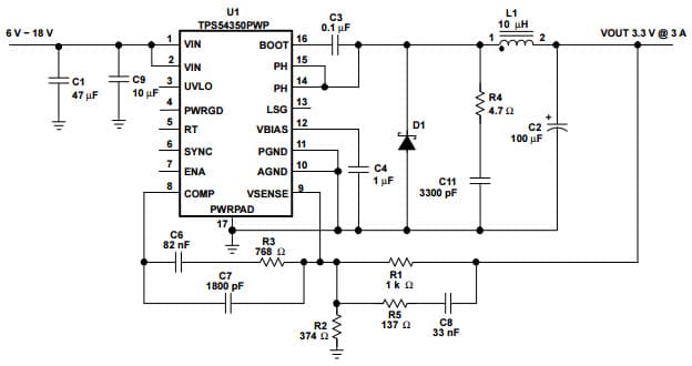 Typical Application Circuit for TPS54350 3.3V Power Supply with Schottky Diode