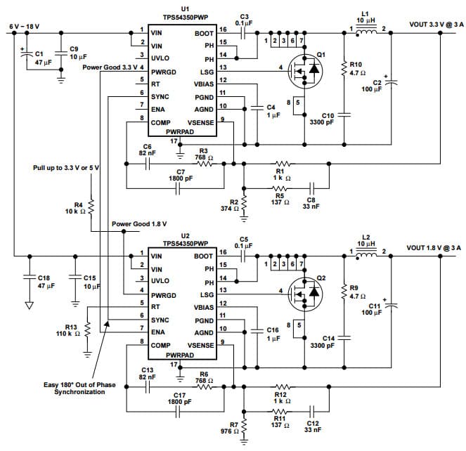 Typical Application Circuit for TPS54350 3.3V/1.8V Power Supply with Sequencing