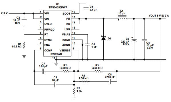 Typical Application Circuit for TPS54350 Inverting Power Supply at 5V to -5V at 1.5A