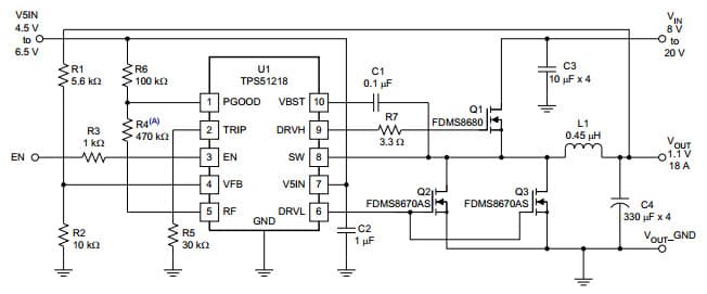 Typical Application Circuit at 1.1V/18A forced Continuous Conduction Mode for TPS51218 high performance, Single Synchronous Step-Down Controller for Notebook Power Supply