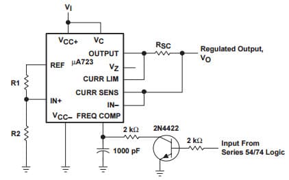 Typical Application Circuit for UA723 Remote shut-down Regulator with Current Limiting