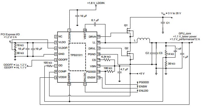 Typical Application Circuit for TPS51511 Synchronous Switcher Controller for D-CAP Mode, RDS(ON) Sensing, 1-Bit DAC for the Output Voltage Dynamic Change