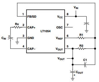 Typical Application Circuit for LT1054 Switched Capacitor Voltage Converter for Power-Dissipation-Limiting Resistor in Series with CIN