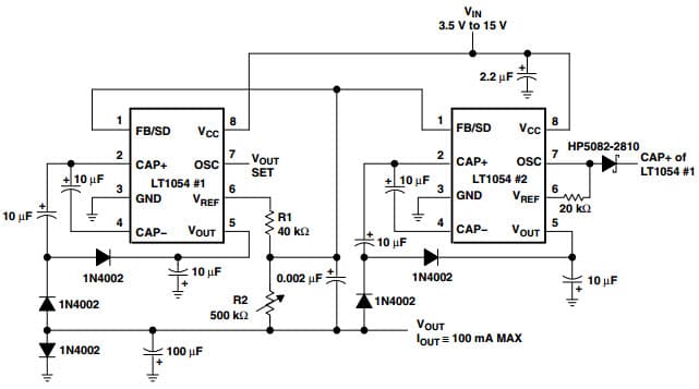 Typical Application Circuit for LT1054 Switched Capacitor Voltage Converter for 100-mA Regulating Negative Doubler