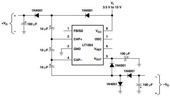 Typical Application Circuit for LT1054 Switched Capacitor Voltage Converter for Dual-Output Voltage Doubler