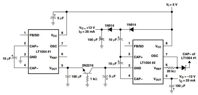 Typical Application Circuit for LT1054 Switched Capacitor Voltage Converter for 5V to ±12V Converter