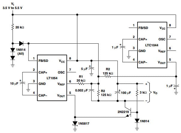 Typical Application Circuit for LT1054 Switched Capacitor Voltage Converter for 3.5V to 5V Regulator