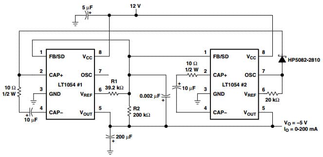 Typical Application Circuit for LT1054 Switched Capacitor Voltage Converter for Regulating 200mA, +12V to -5V Converter