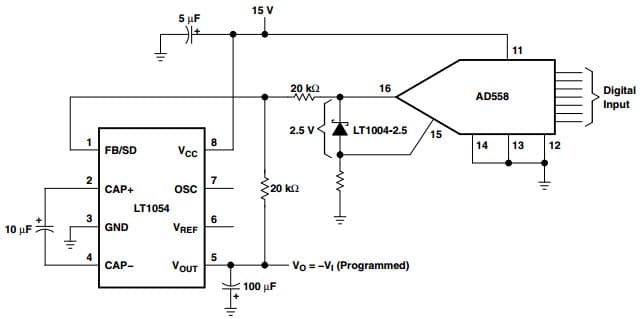 Typical Application Circuit for LT1054 Switched Capacitor Voltage Converter for Digitally Programmable Negative Supply