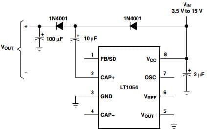 Typical Application Circuit for LT1054 Switched Capacitor Voltage Converter for Positive-Voltage Doubler