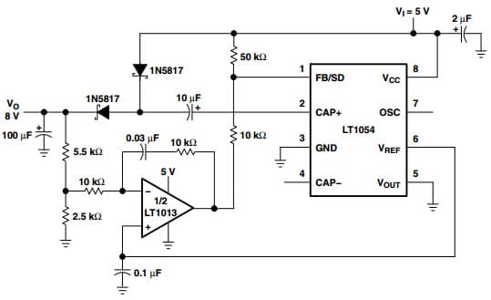 Typical Application Circuit for LT1054 Switched Capacitor Voltage Converter for Positive Doubler with Regulation (5V to 8V Converter)