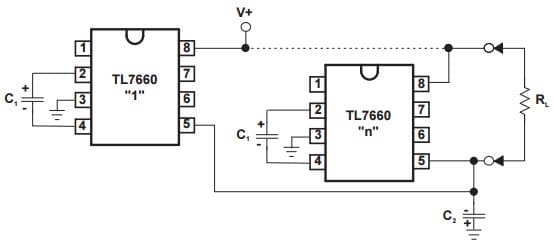 Typical Application Circuit for TL7660 CMOS dual complementary pair plus inverter for Paralleling Devices