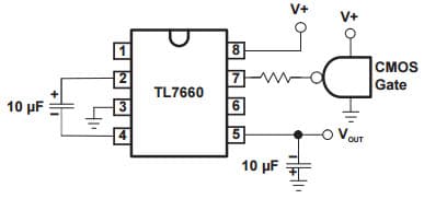 Typical Application Circuit for TL7660 CMOS dual complementary pair plus inverter for External Clocking