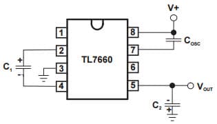 Typical Application Circuit for TL7660 CMOS dual complementary pair plus inverter for Lowering Oscillator Frequency