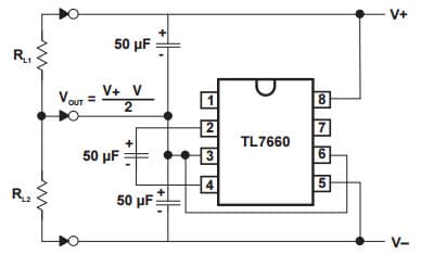 Typical Application Circuit for TL7660 CMOS dual complementary pair plus inverter for Splitting a Supply in Half