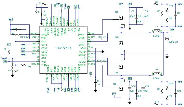 Typical Inductor DCR Sense Application Diagram for TPS51727 Dual Phase Eco-Modem Step Down Power Management IC for 50Plusa Applications