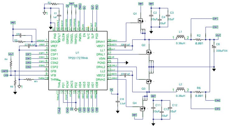 Typical Resistor Sense Application Diagram for TPS51727 Dual Phase Eco-Modem Step Down Power Management IC for 50Plusa Applications