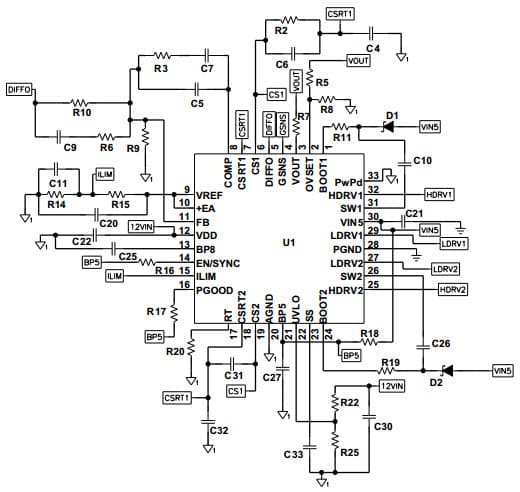 Typical Application TPS40131 Peripheral Schematic for TPS40131 two-phase, Synchronous Buck Controller with Integrated Mosfet Drivers