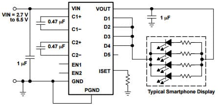 Typical Application Circuit with Resistors in Parallel for TPS60230 White LED Charge Pump Current Source with PWM Brightness Control