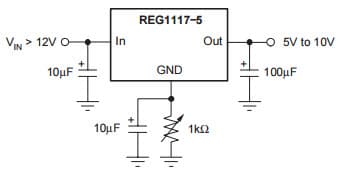 Typical Application Circuit for REG1117 Adjusting Output of Fixed Voltage Models