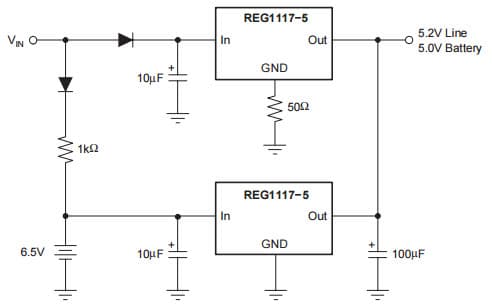 Typical Application Circuit for REG1117 Low Dropout Positive Regulator for Battery Backed-Up Regulated Supply