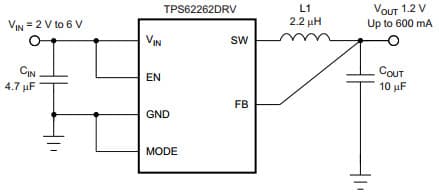 Typical Application Circuit for TPS62260, 2.25Mhz, 600mA, Fixed 1.2V Output Step Down Converter