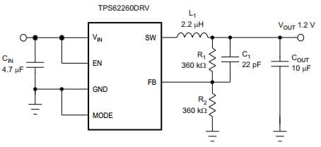 Typical Application Circuit for TPS62260, 2.25Mhz, 600mA, Adjustable 1.2V Output Step Down Converter