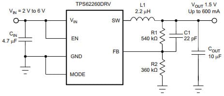 Typical Application Circuit for TPS62260, 2.25Mhz, 600mA, Adjustable 1.5V Output Step Down Converter