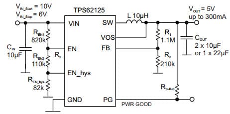 Typical Application Circuit for TPS62125 5V VOUT, Start up voltage VIN - Start = 10V, Stop voltage VIN - Stop = 6V Step Down Converter