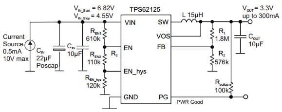 Typical Application Circuit for TPS62125 operation from a storage capacitor charged from a 0.5mA current source at VOUT = 3.3V Step Down Converter