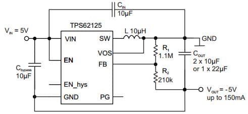 Typical Application Circuit for TPS62125 5V to -5V inverter configuration Step Down Converter