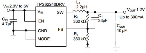 Typical Application Circuit for TPS62240, 2.25Mhz, 300mA, Adjustable 1.2V Step Down Converter