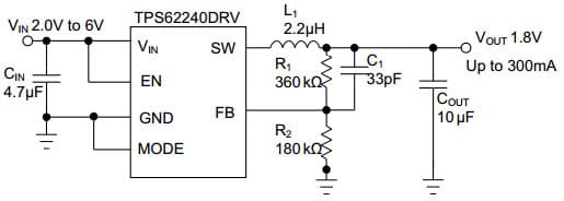 Typical Application Circuit for TPS62240, 2.25Mhz, 300mA, 1.8V Step Down Converter