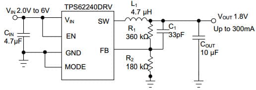 Typical Application Circuit for TPS62240, 2.25Mhz, 300mA, 1.8V Low Ripple Step Down Converter