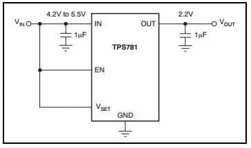 Typical Application Circuit for TPS781 Low-Dropout Linear Regulator for Circuit to Tie Both EN and VSET High