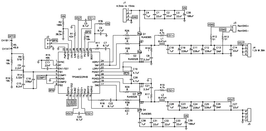 Typical Application Two-Phase Converter Schematic for TPS40322 Dual Output or Two-Phase Synchronous Buck Controller