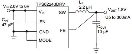 Typical Application Circuit for TPS62240, 2.25Mhz, 300mA, Fixed 1.8V Step Down Converter