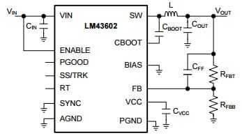 Typical Application Circuit for LM43602 Basic Schematic for VOUT < 3.3V, tie BIAS to ground Synchronous Step-Down Voltage Converter