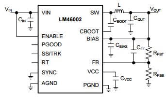 Typical Application Basic Schematic for VOUT = 3.3V, Tie BIAS to VOUT for LM46002 Simple Switcher 3.5V to 60V, 2A Synchronous Step-Down Voltage Converter