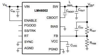 Typical Application Basic Schematic for VOUT < 3.3 V, t-Tie BIAS to Ground for LM46002 Simple Switcher 3.5V to 60V, 2A Synchronous Step-Down Voltage Converter