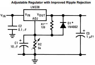 Typical Application Circuit for LM338 Adjustable Regulator with Improved Ripple Rejection