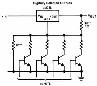 Typical Application Circuit for LM338 5-Amp Adjustable Regulator with Digitally Selected Outputs